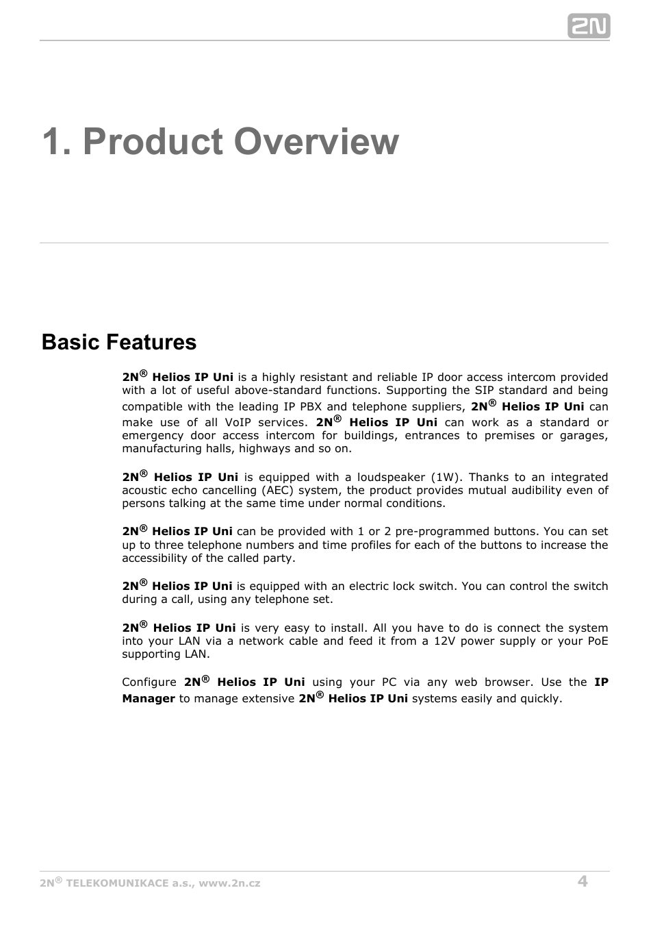 Product overview, Basic features | 2N Helios IP Uni User Manual | Page 4 / 30