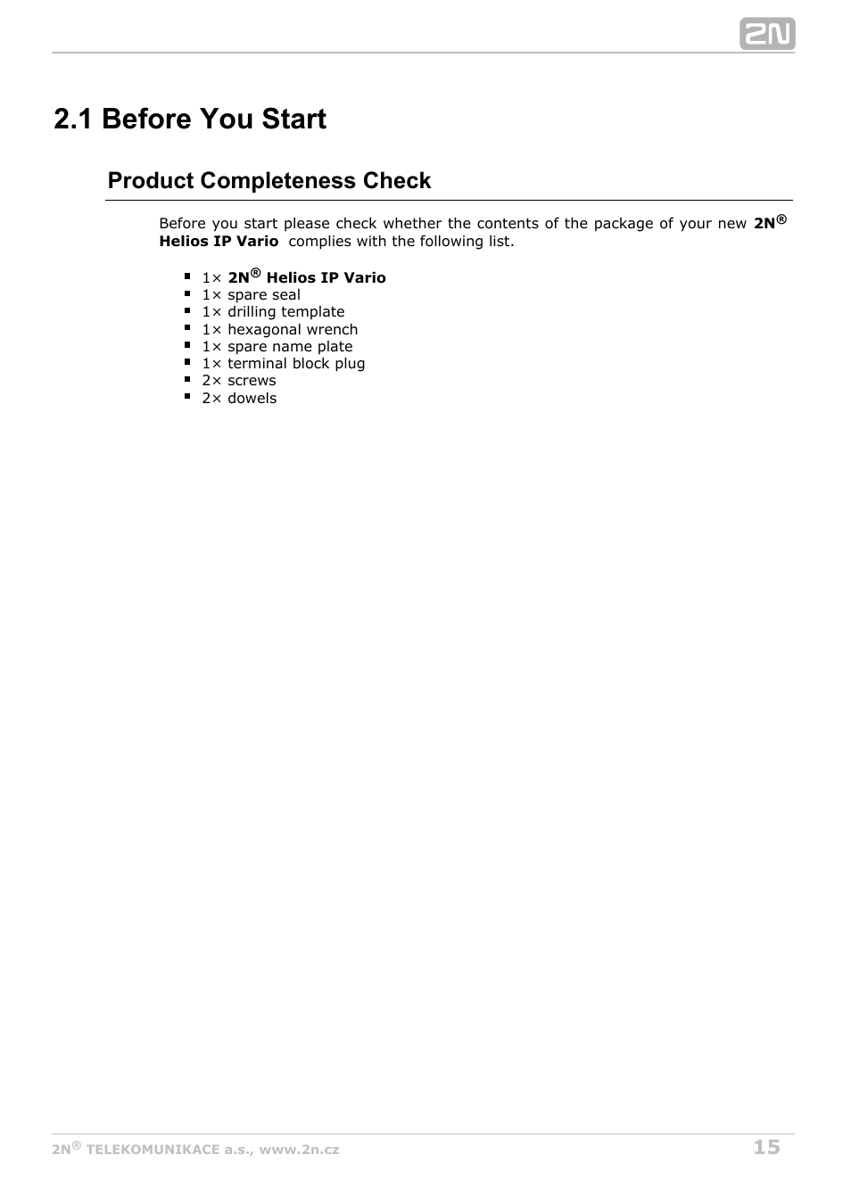 1 before you start, Product completeness check | 2N Helios IP Vario User Manual | Page 15 / 70