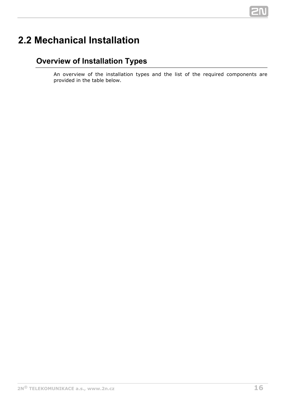 2 mechanical installation, Overview of installation types | 2N Helios IP Vario User Manual | Page 16 / 70