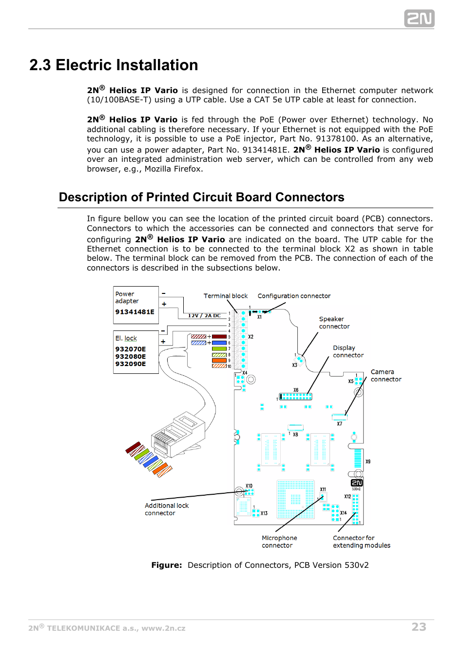 3 electric installation, Description of printed circuit board connectors | 2N Helios IP Vario User Manual | Page 23 / 70