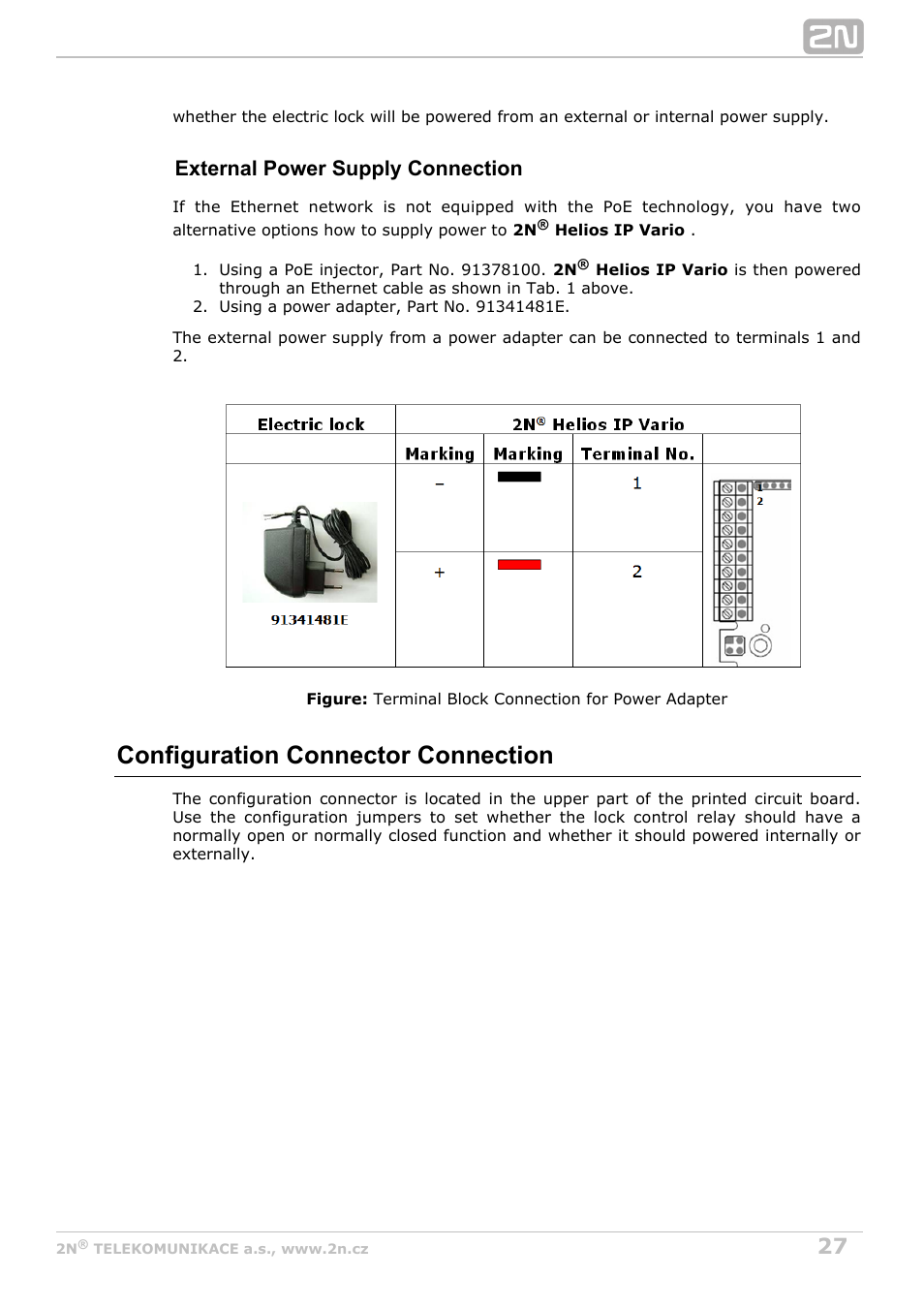 Configuration connector connection, External power supply connection | 2N Helios IP Vario User Manual | Page 27 / 70