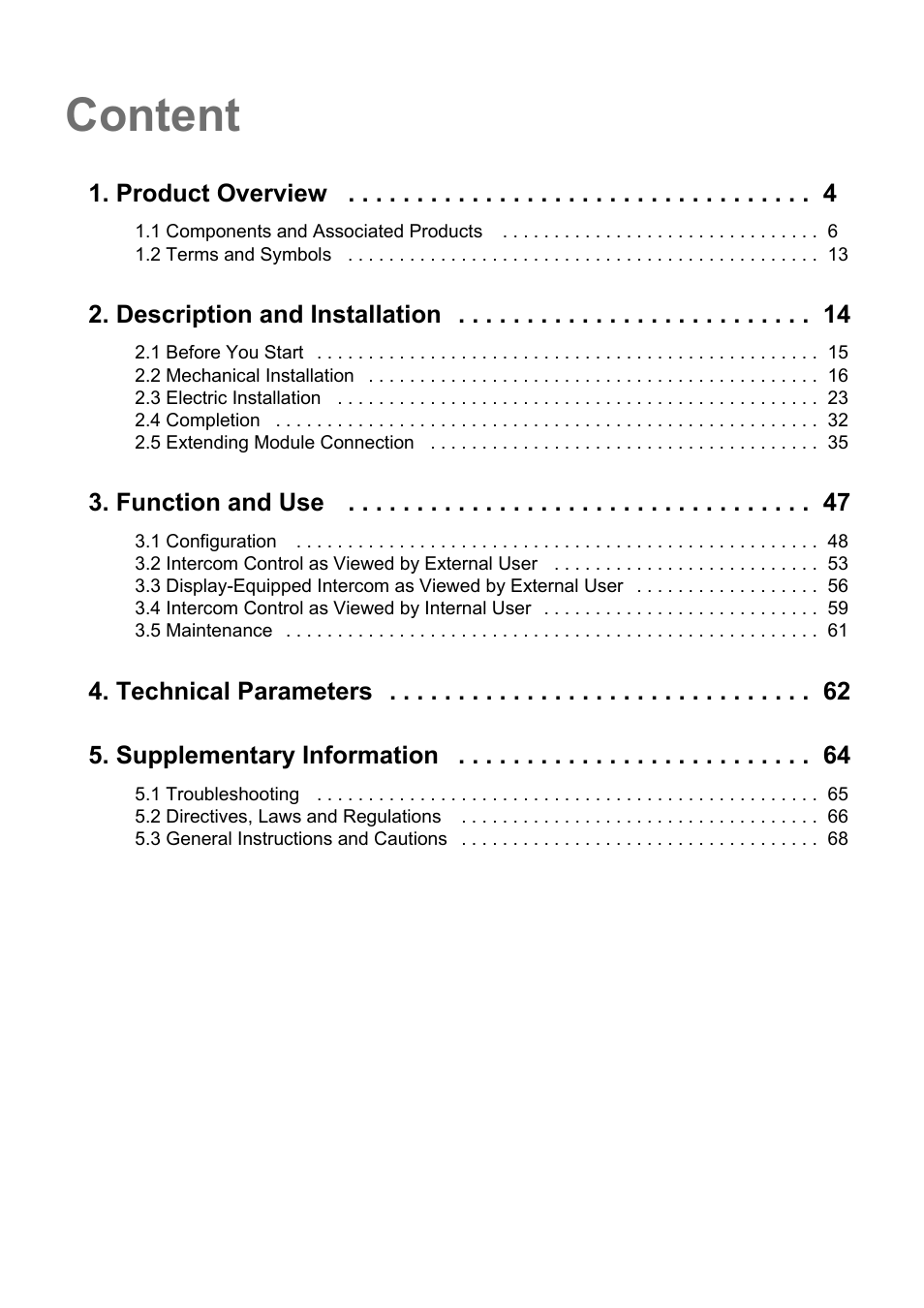 Content, Product overview, Description and installation | Function and use, Technical parameters 5. supplementary information | 2N Helios IP Vario User Manual | Page 3 / 70