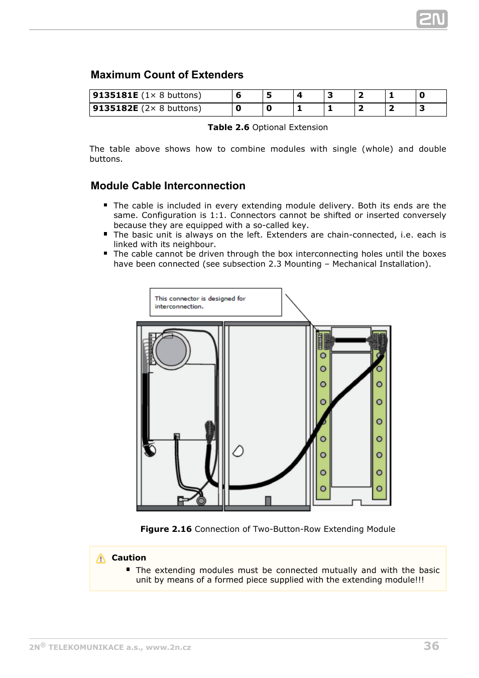 Maximum count of extenders, Module cable interconnection | 2N Helios IP Vario User Manual | Page 36 / 70