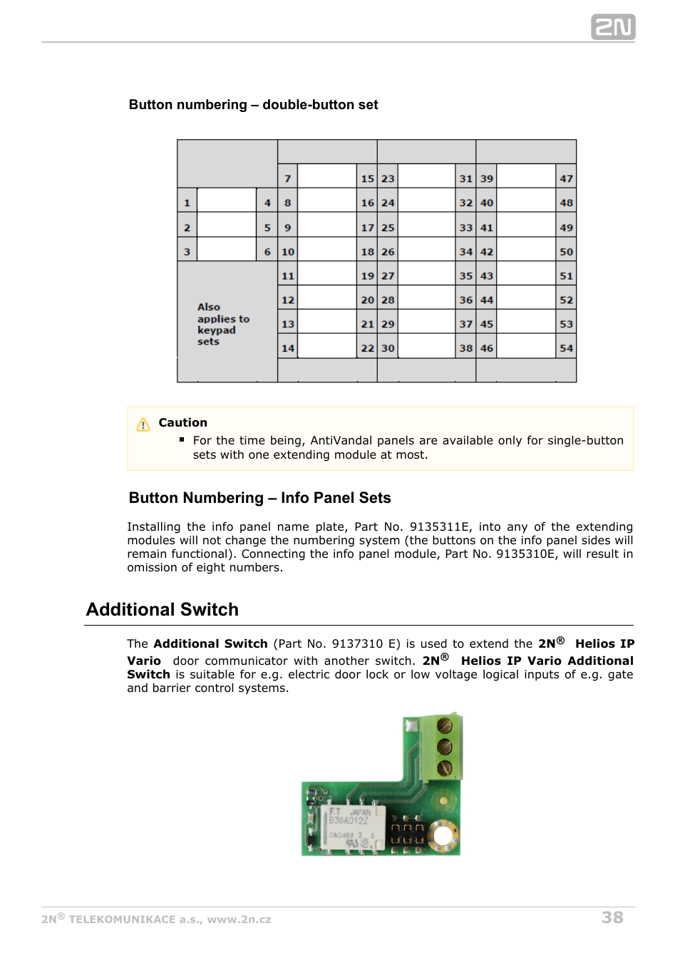 Additional switch, Button numbering – info panel sets | 2N Helios IP Vario User Manual | Page 38 / 70