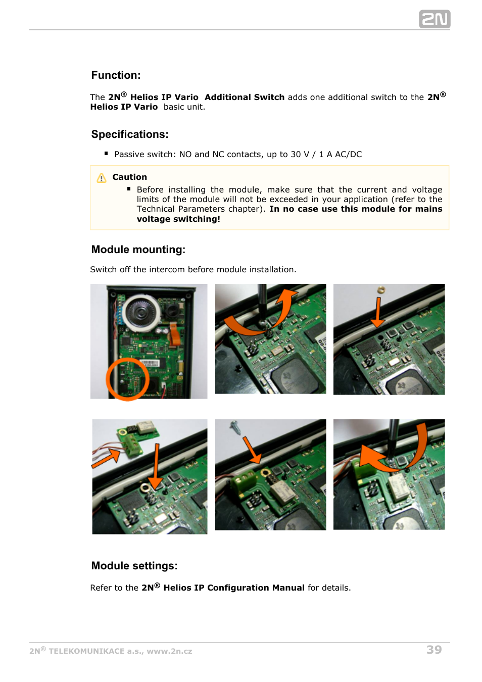 Function, Specifications, Module mounting | Module settings | 2N Helios IP Vario User Manual | Page 39 / 70