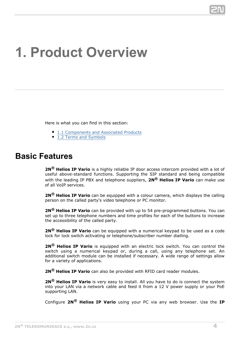 Product overview, Basic features | 2N Helios IP Vario User Manual | Page 4 / 70