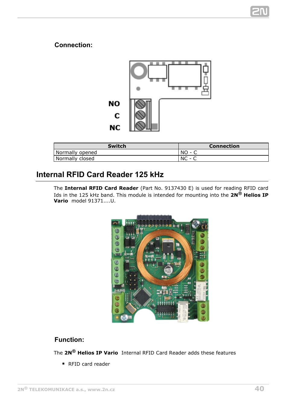 Internal rfid card reader 125 khz, Connection, Function | 2N Helios IP Vario User Manual | Page 40 / 70