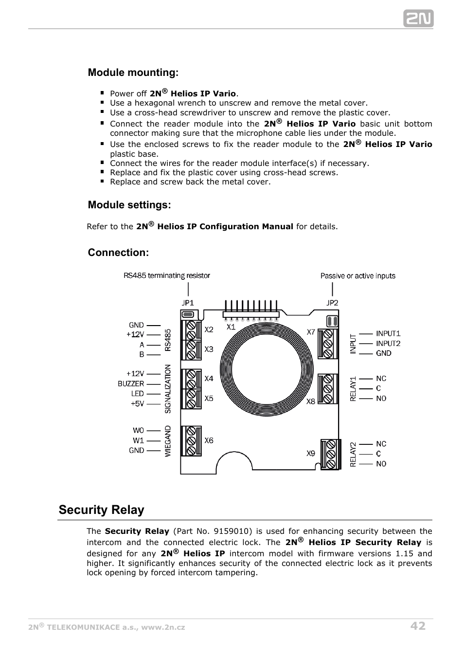 Security relay, Module mounting, Module settings | Connection | 2N Helios IP Vario User Manual | Page 42 / 70