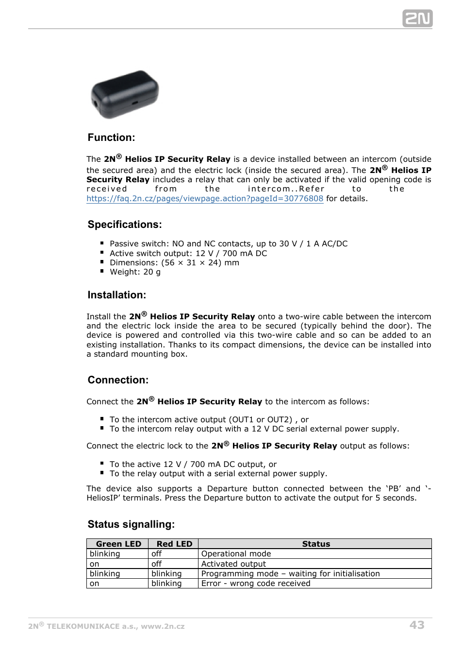 Function, Specifications, Installation | Connection, Status signalling | 2N Helios IP Vario User Manual | Page 43 / 70