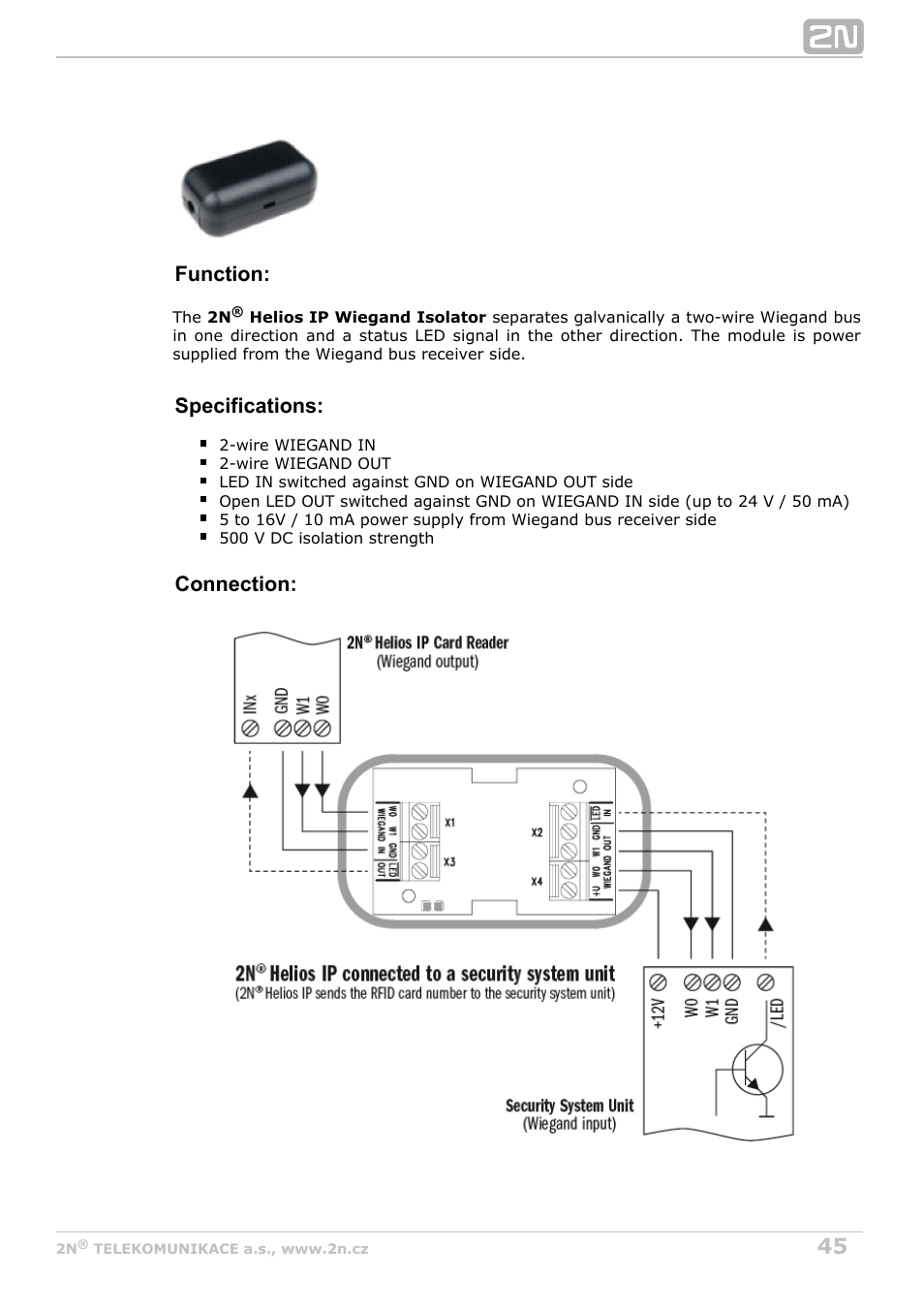 Function, Specifications, Connection | 2N Helios IP Vario User Manual | Page 45 / 70