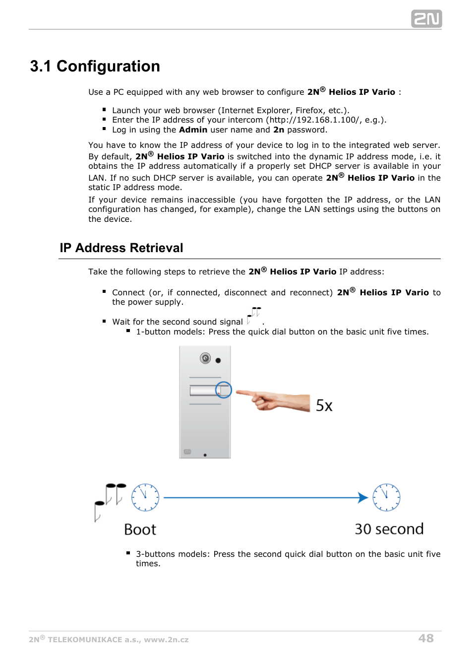 1 configuration, Ip address retrieval | 2N Helios IP Vario User Manual | Page 48 / 70