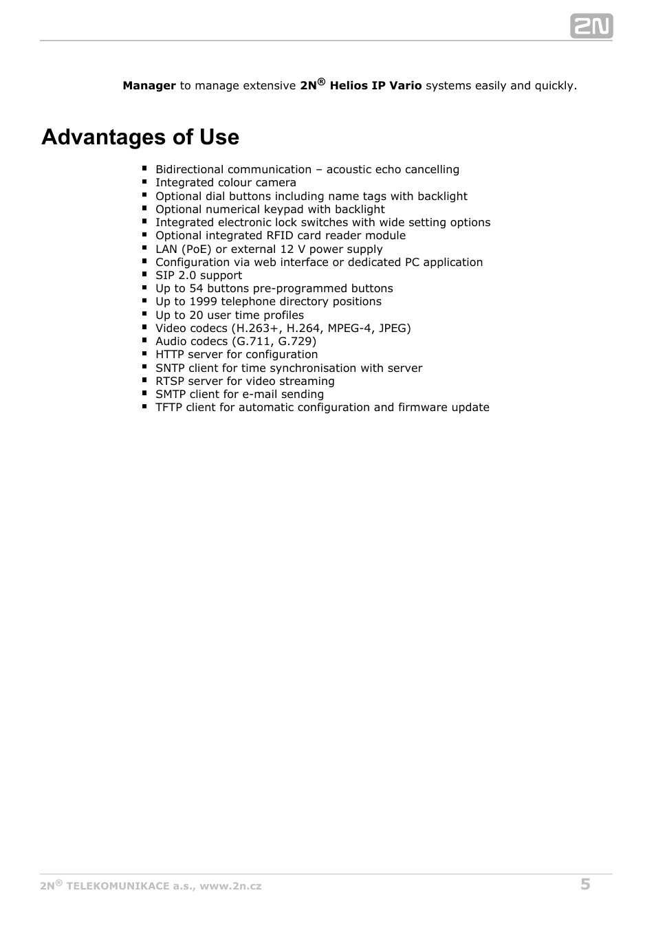 Advantages of use | 2N Helios IP Vario User Manual | Page 5 / 70