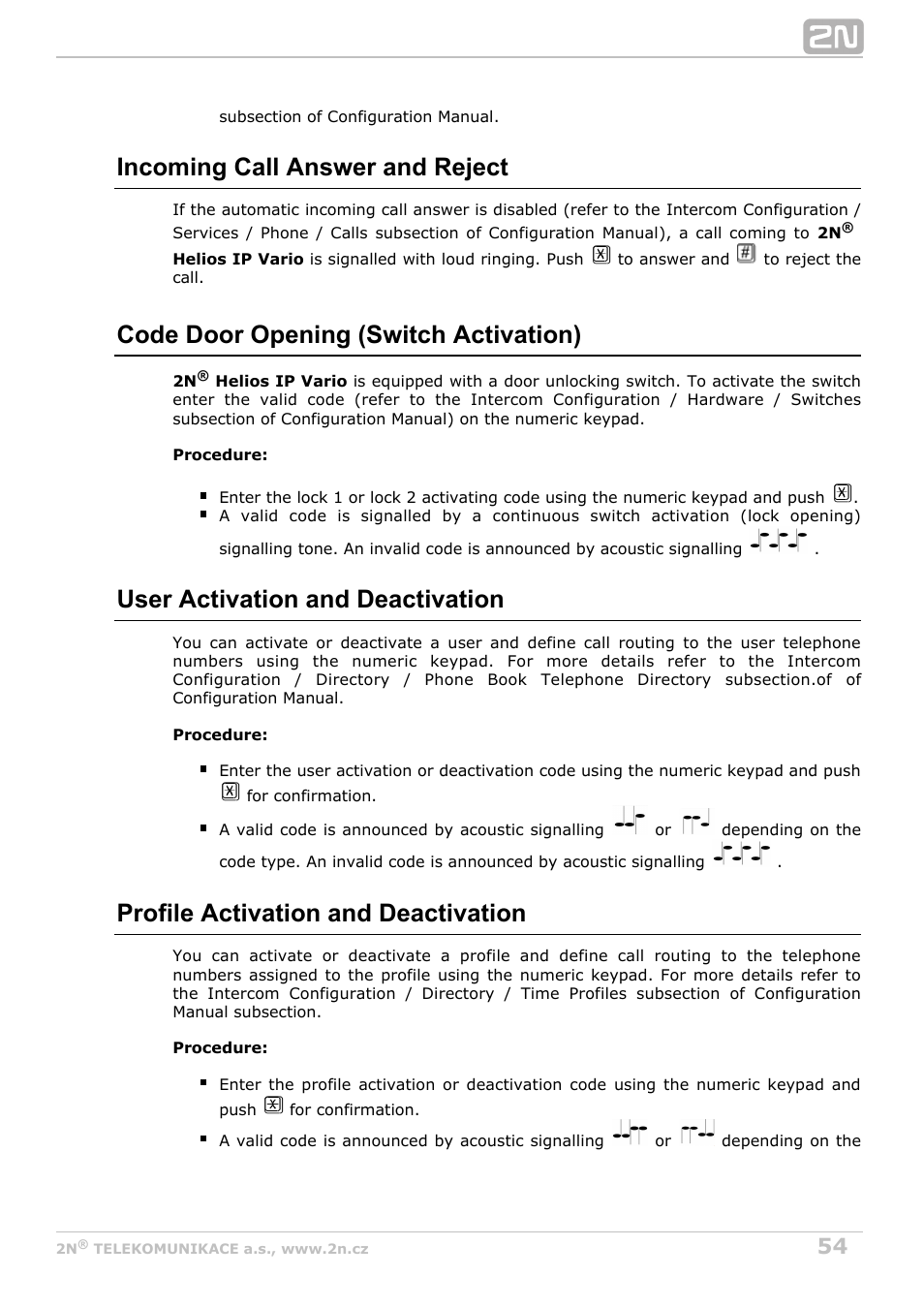 Incoming call answer and reject, Code door opening (switch activation), User activation and deactivation | Profile activation and deactivation | 2N Helios IP Vario User Manual | Page 54 / 70