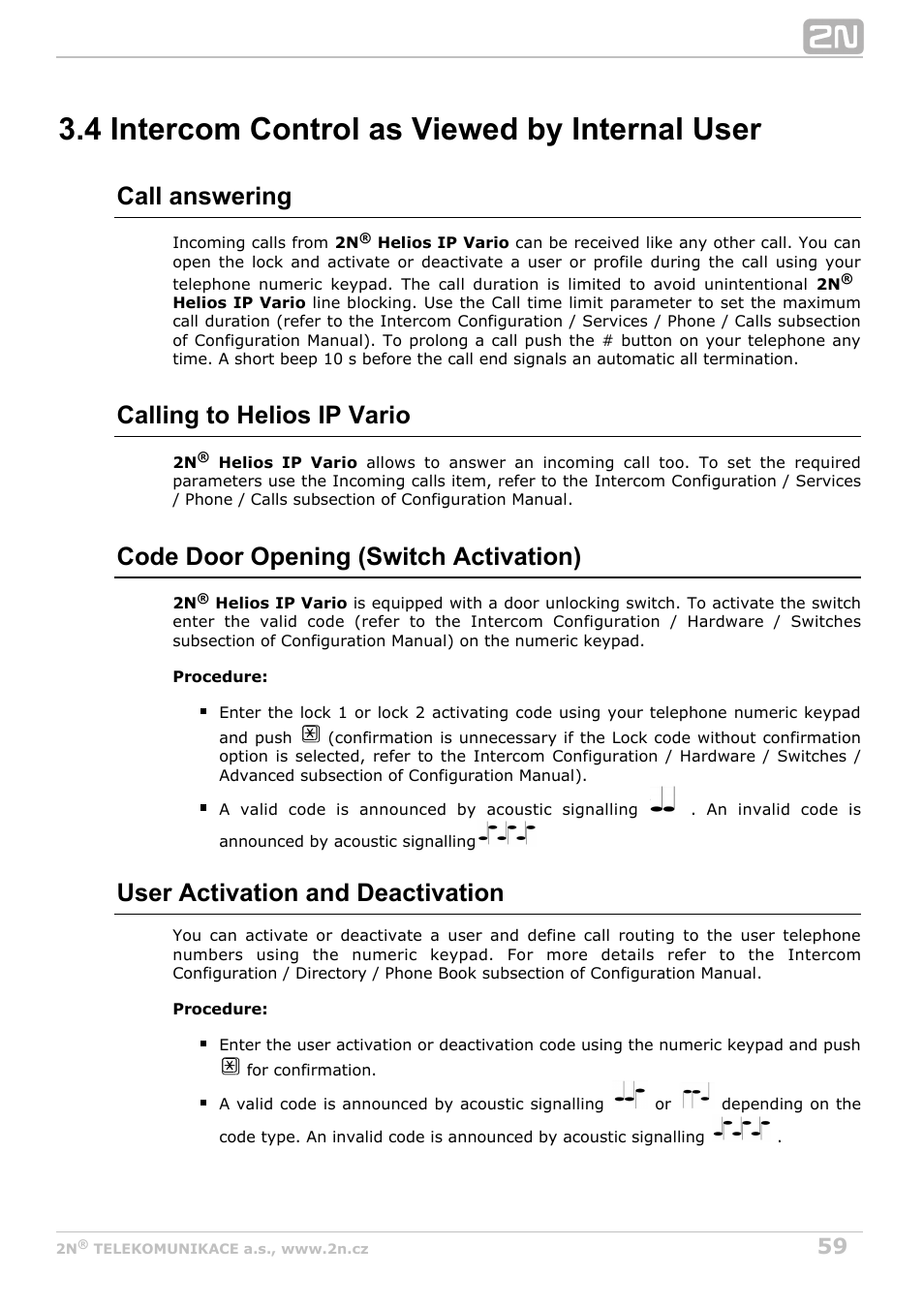 4 intercom control as viewed by internal user, Call answering, Calling to helios ip vario | Code door opening (switch activation), User activation and deactivation | 2N Helios IP Vario User Manual | Page 59 / 70