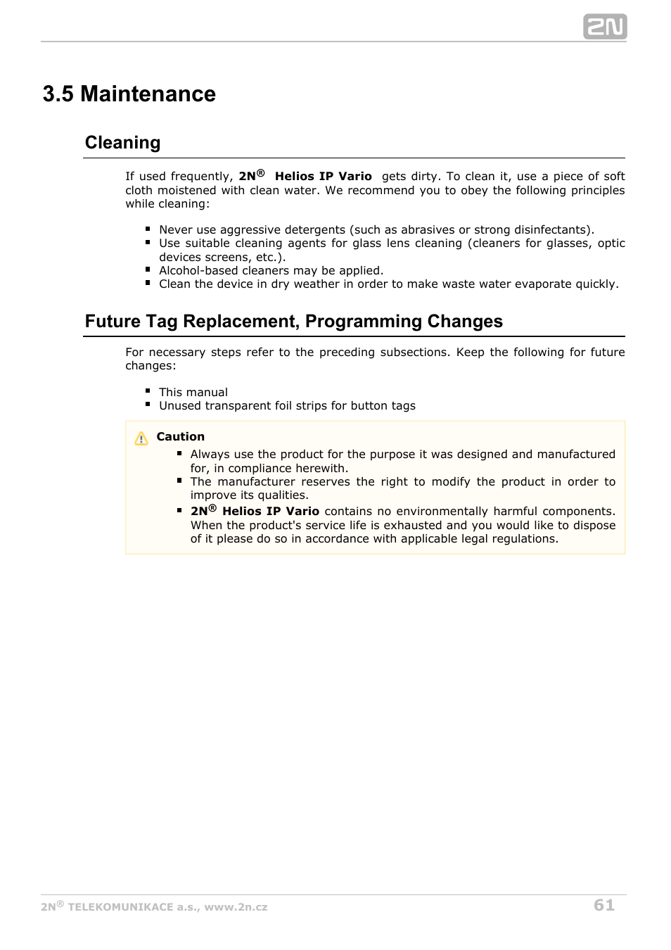 5 maintenance, Cleaning, Future tag replacement, programming changes | 2N Helios IP Vario User Manual | Page 61 / 70