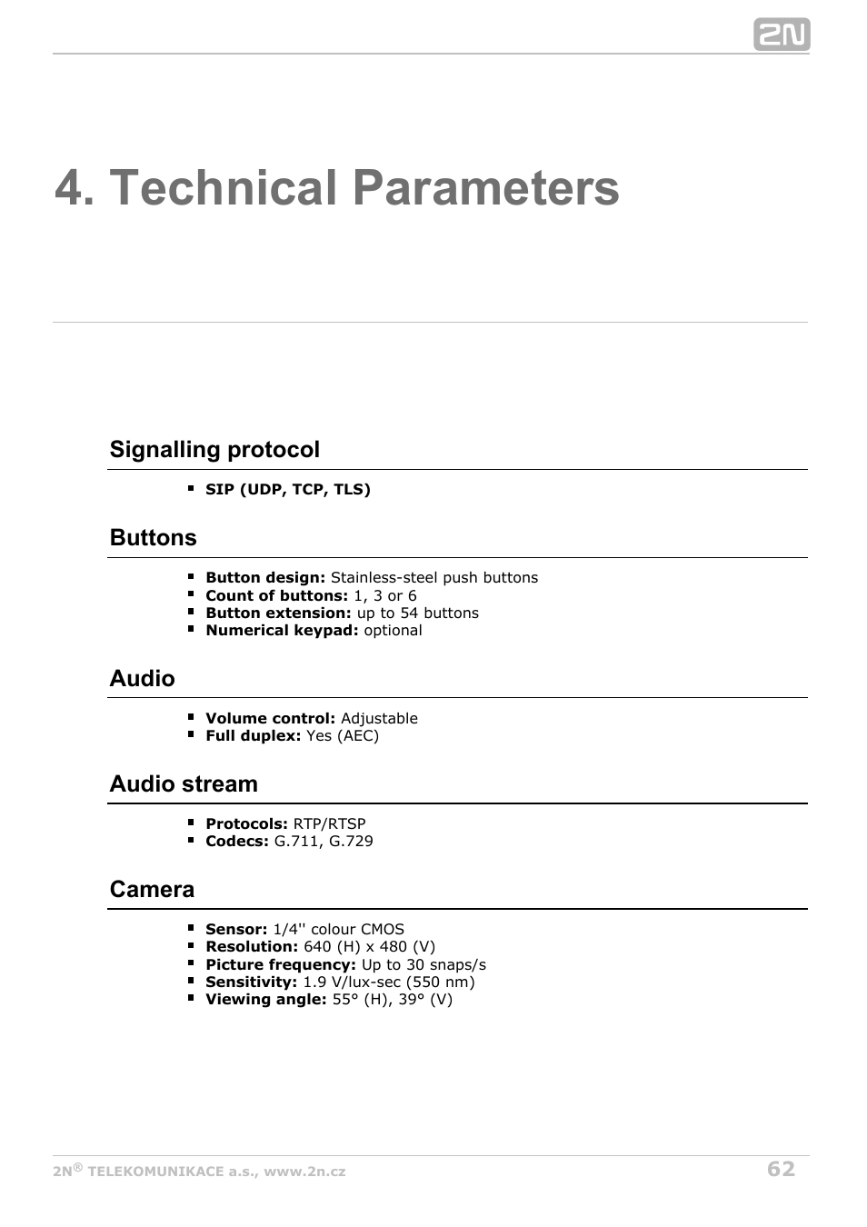 Technical parameters | 2N Helios IP Vario User Manual | Page 62 / 70