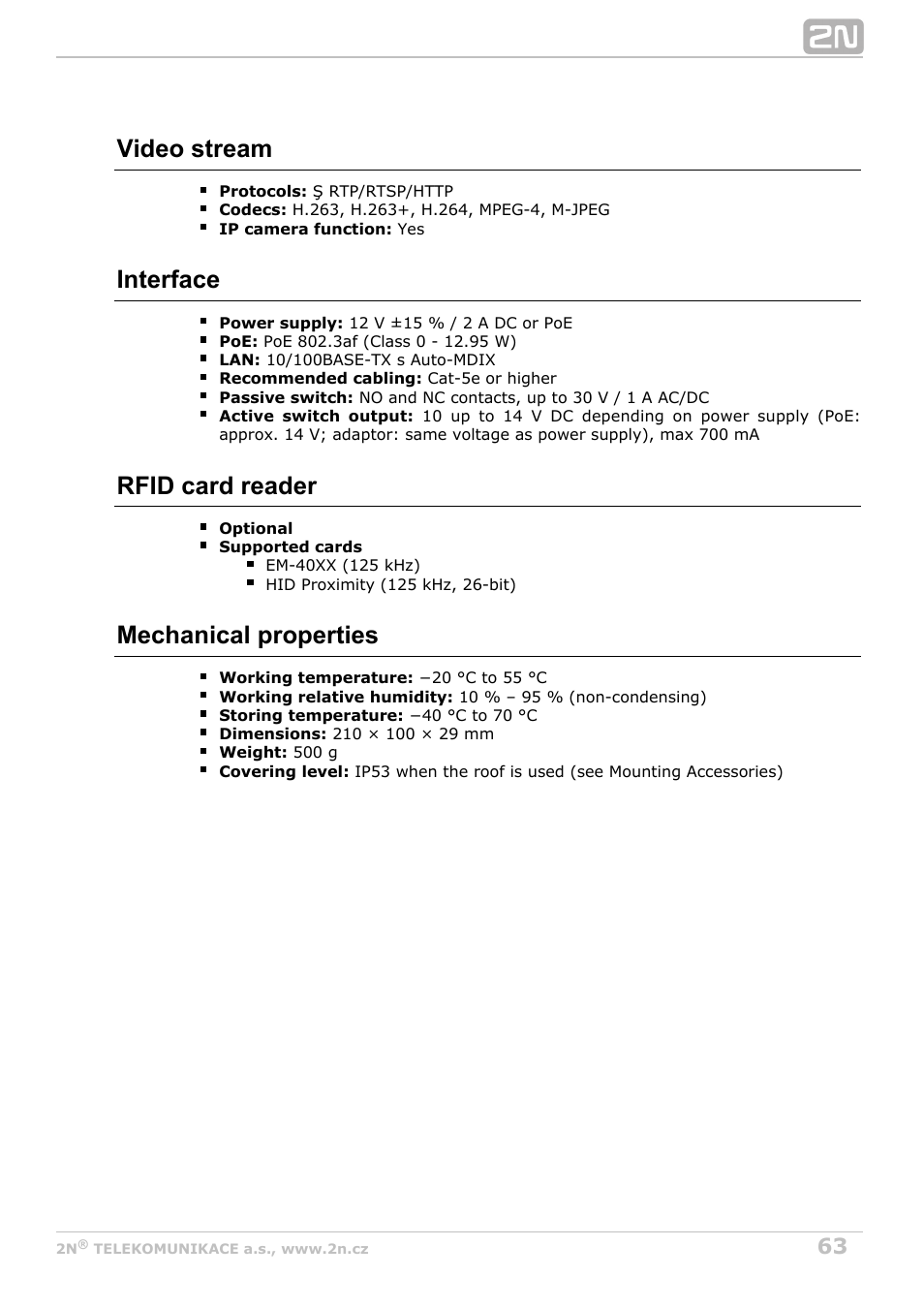 Video stream, Interface, Rfid card reader | Mechanical properties | 2N Helios IP Vario User Manual | Page 63 / 70