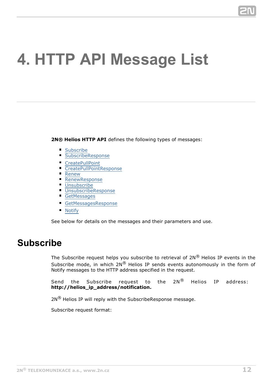 Http api message list, Subscribe | 2N Helios IP HTTP API v2.6 User Manual | Page 12 / 29