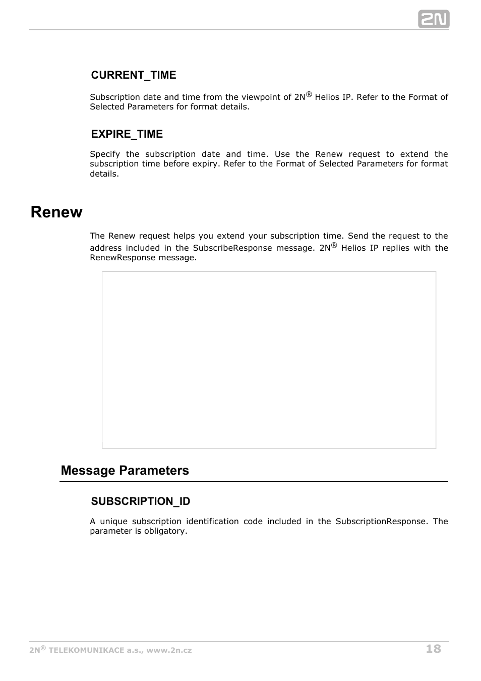 Renew, Message parameters, Current_time | Expire_time, Subscription_id | 2N Helios IP HTTP API v2.6 User Manual | Page 18 / 29