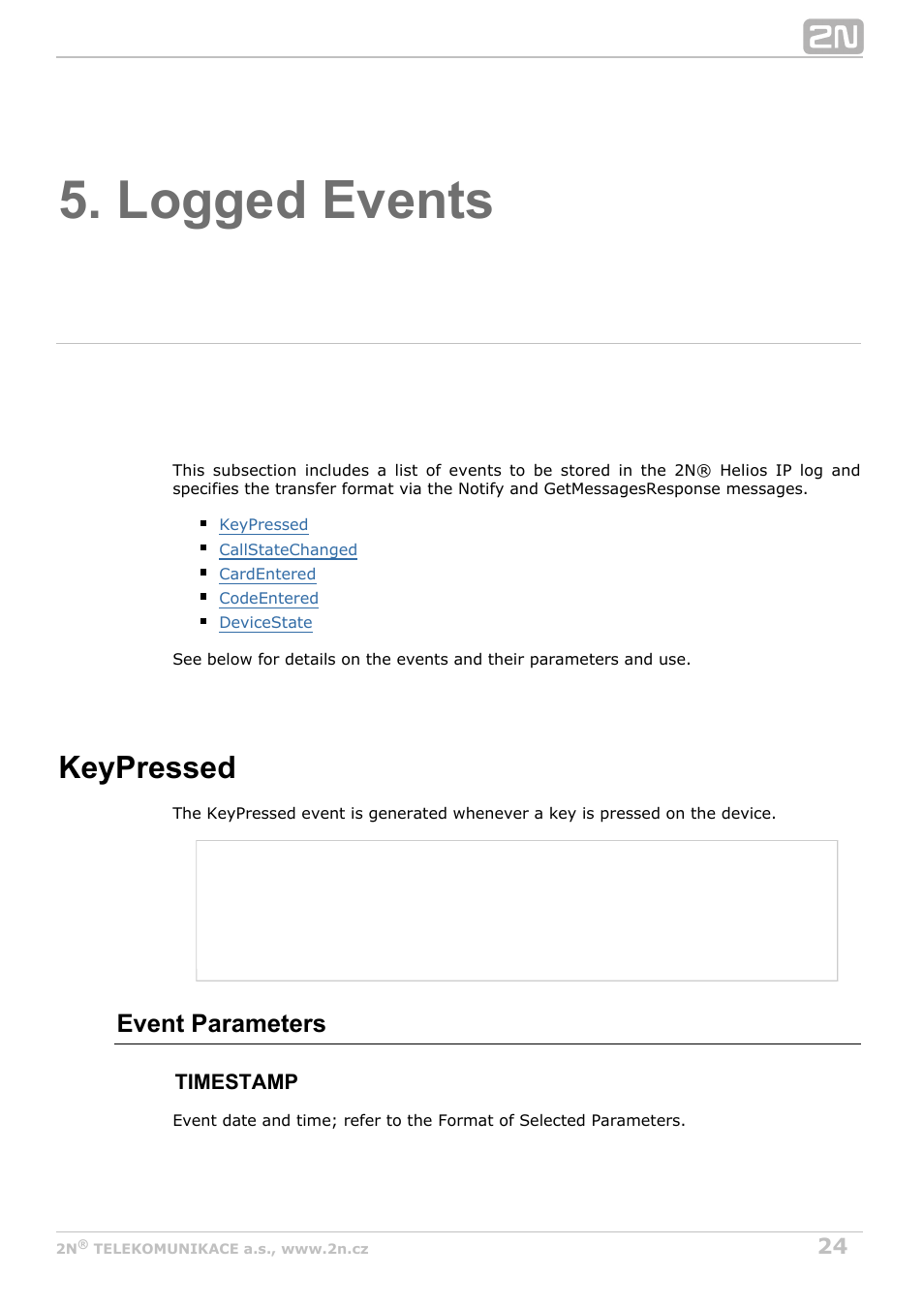 Logged events, Keypressed, Event parameters | 2N Helios IP HTTP API v2.6 User Manual | Page 24 / 29