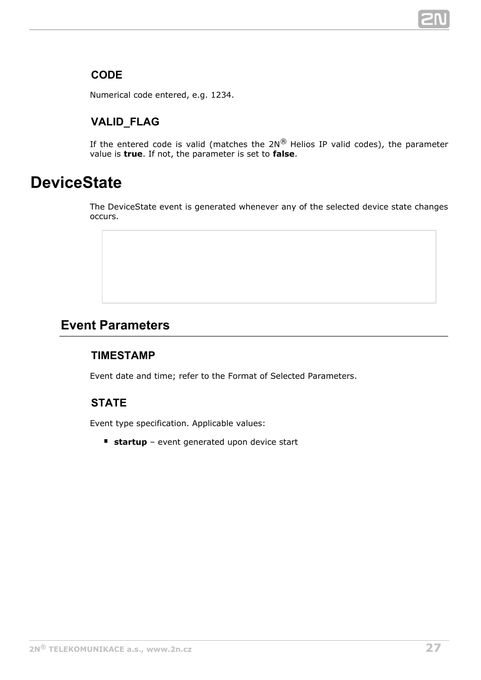 Devicestate, Event parameters, Code | Valid_flag, Timestamp, State | 2N Helios IP HTTP API v2.6 User Manual | Page 27 / 29