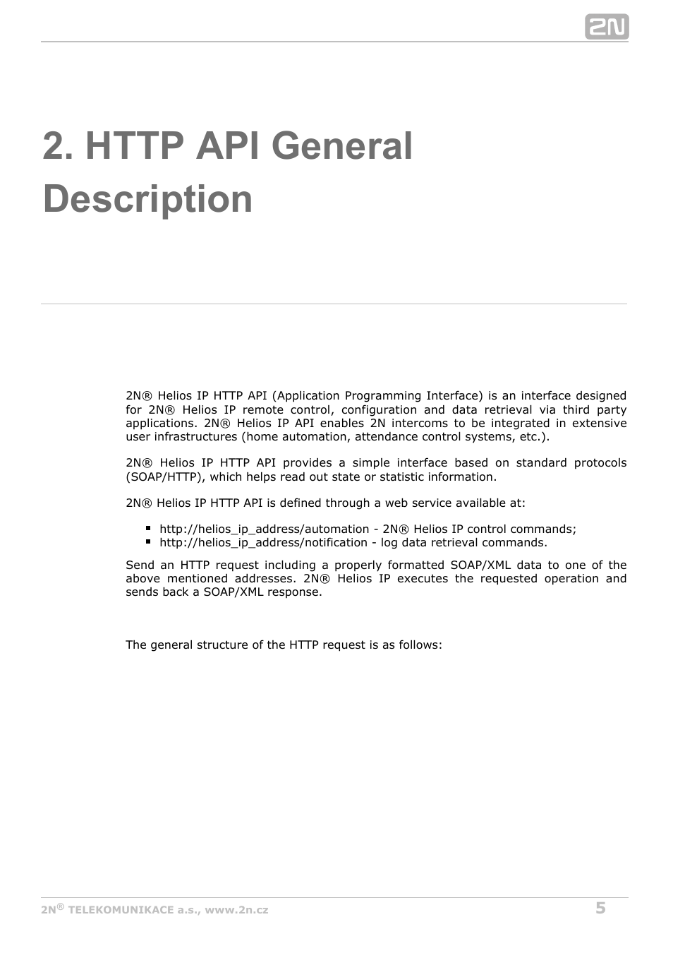 Http api general description | 2N Helios IP HTTP API v2.6 User Manual | Page 5 / 29