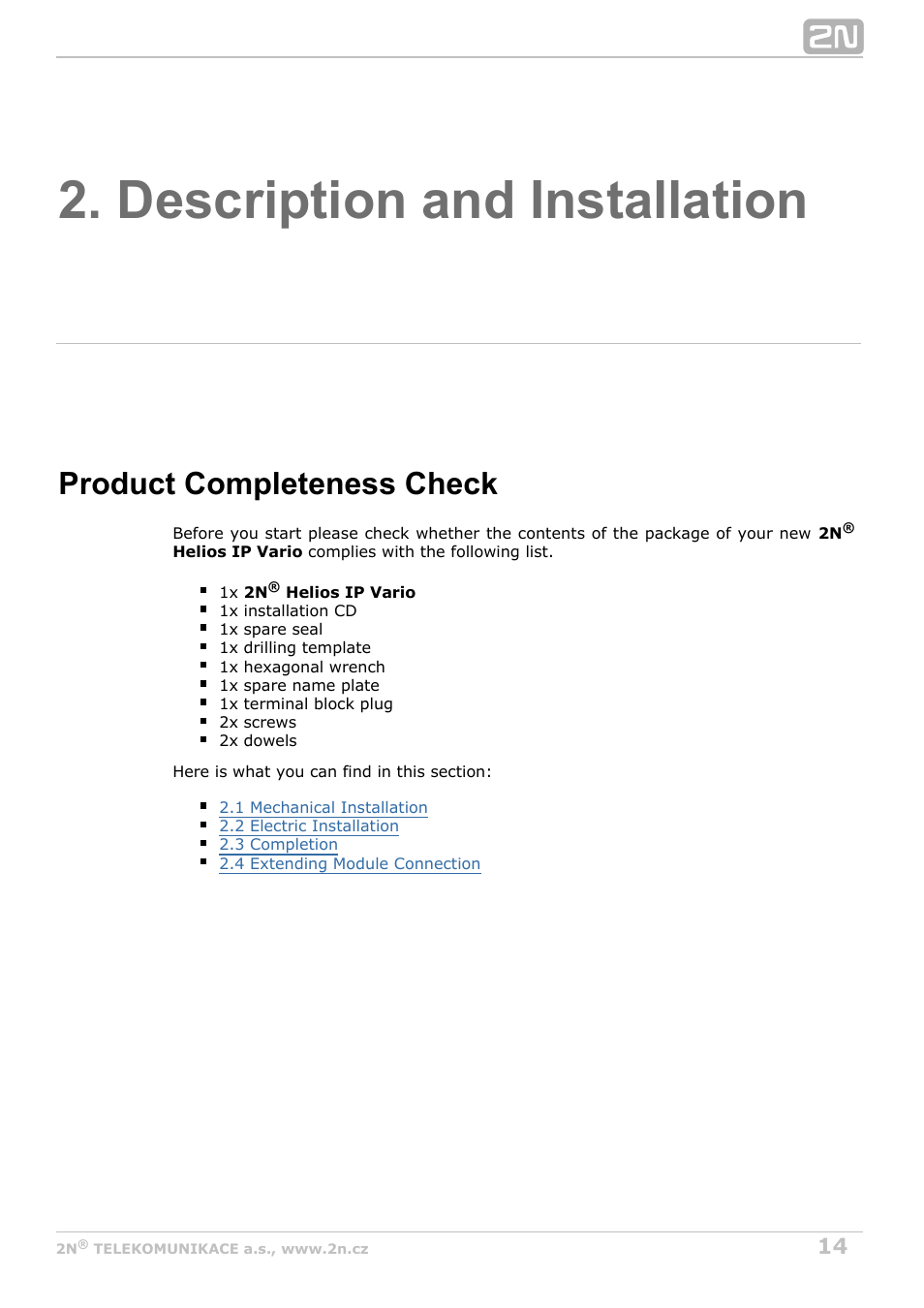 Description and installation, Product completeness check | 2N Helios IP Vario User Manual | Page 14 / 55