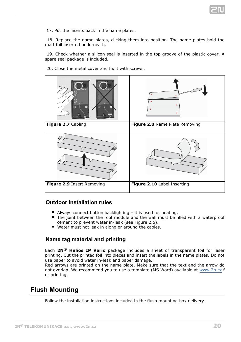 Flush mounting, Outdoor installation rules, Name tag material and printing | 2N Helios IP Vario User Manual | Page 20 / 55