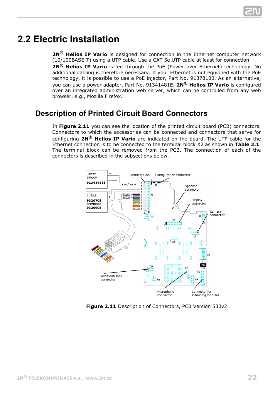 2 electric installation, Description of printed circuit board connectors | 2N Helios IP Vario User Manual | Page 22 / 55