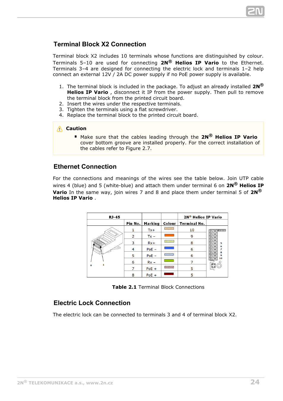 Terminal block x2 connection, Ethernet connection, Electric lock connection | 2N Helios IP Vario User Manual | Page 24 / 55
