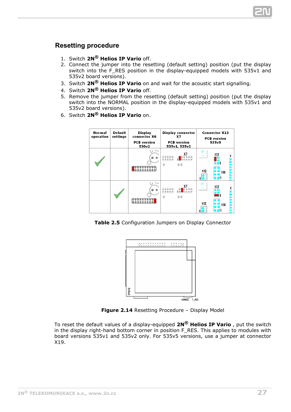 Resetting procedure | 2N Helios IP Vario User Manual | Page 27 / 55