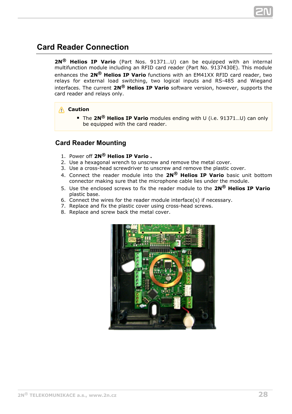 Card reader connection, Card reader mounting | 2N Helios IP Vario User Manual | Page 28 / 55