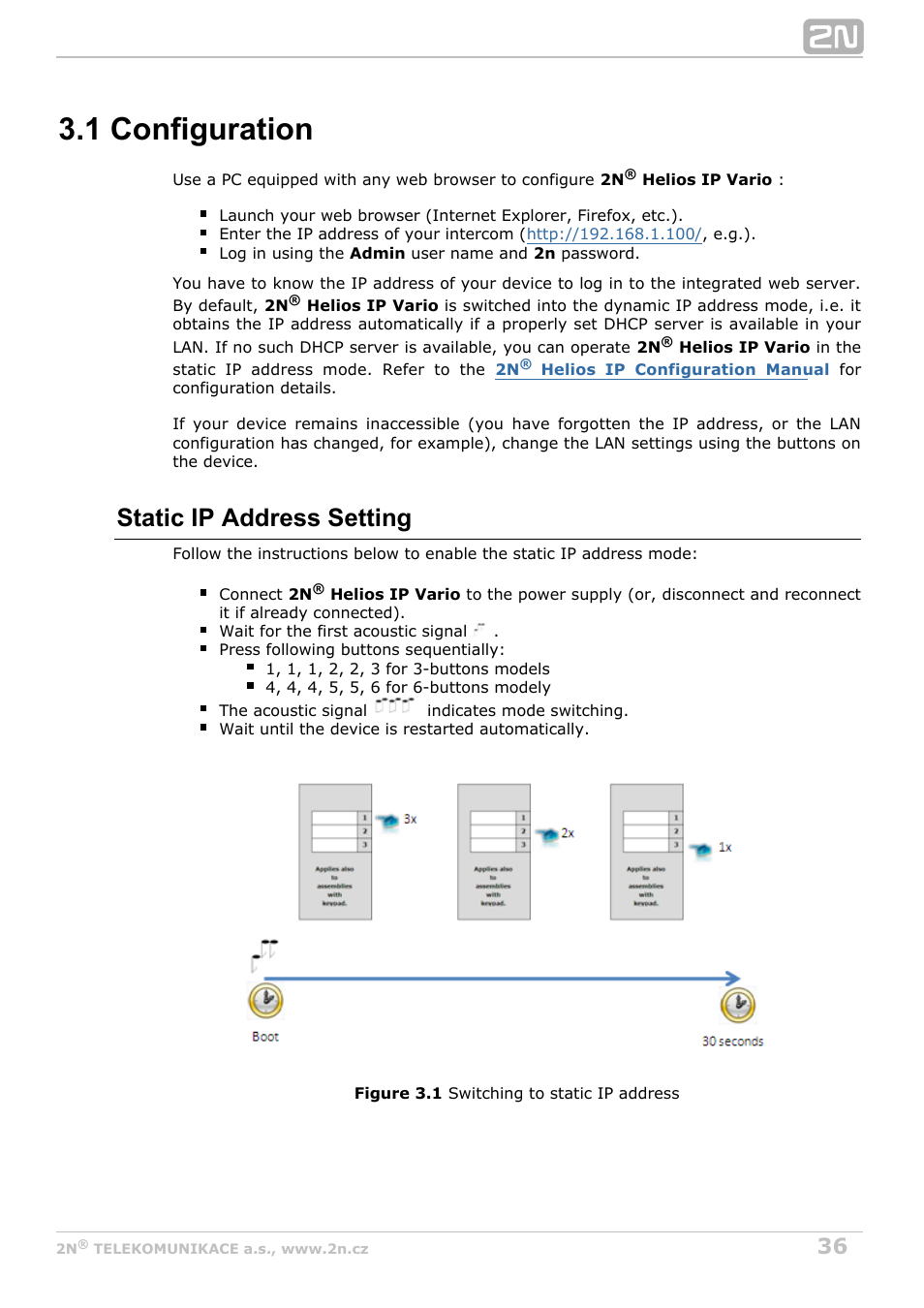 1 configuration, Static ip address setting | 2N Helios IP Vario User Manual | Page 36 / 55