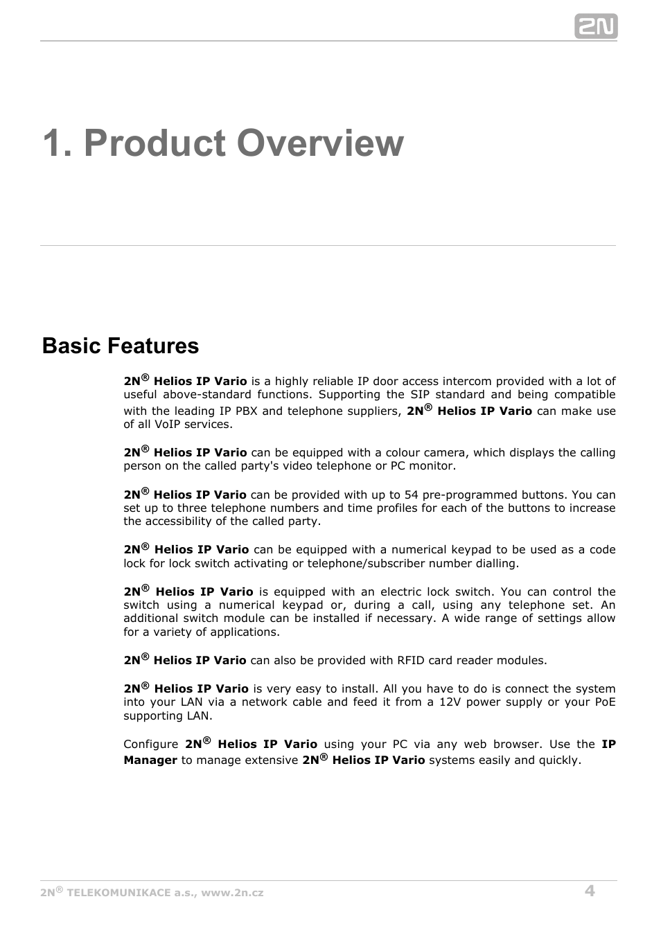 Product overview, Basic features | 2N Helios IP Vario User Manual | Page 4 / 55