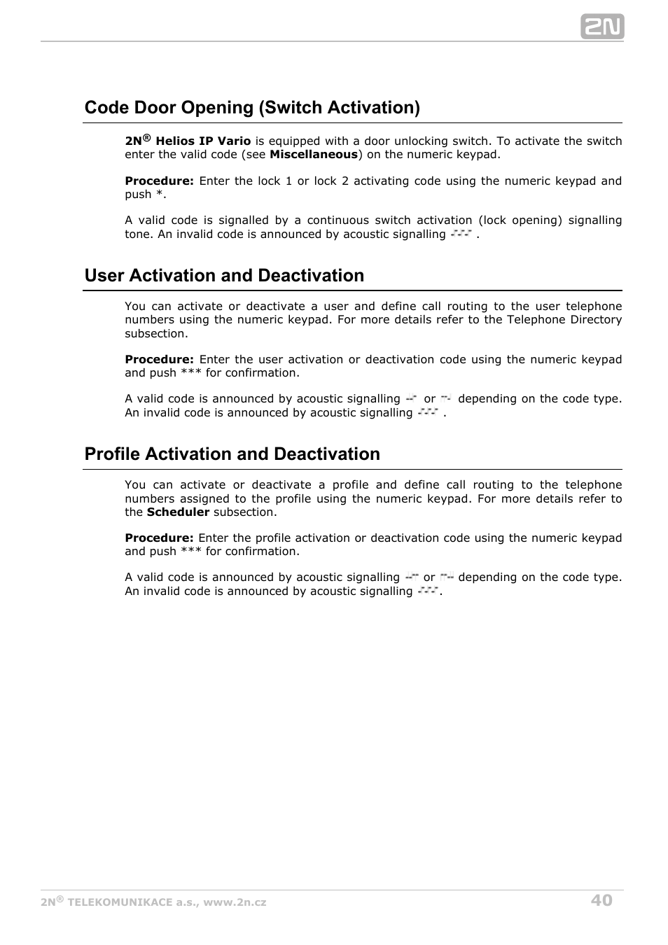 Code door opening (switch activation), User activation and deactivation, Profile activation and deactivation | 2N Helios IP Vario User Manual | Page 40 / 55