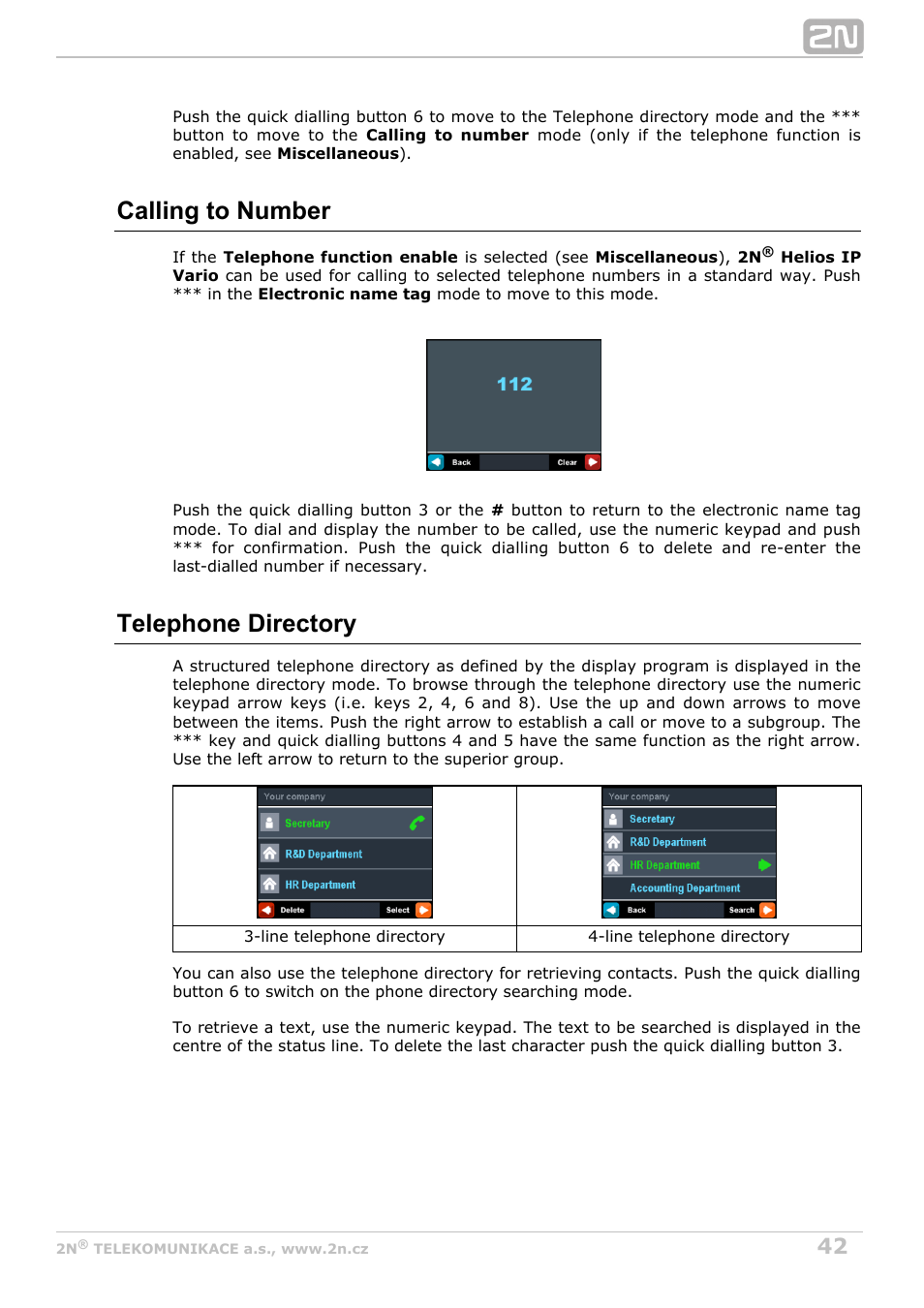 Calling to number, Telephone directory | 2N Helios IP Vario User Manual | Page 42 / 55