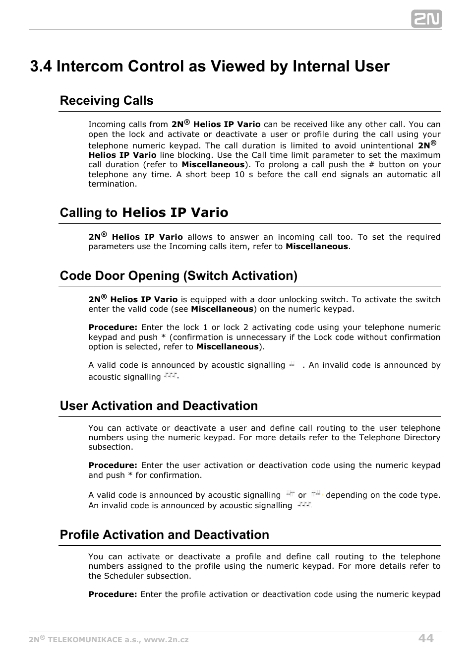 4 intercom control as viewed by internal user, Receiving calls, Calling to helios ip vario | Code door opening (switch activation), User activation and deactivation, Profile activation and deactivation | 2N Helios IP Vario User Manual | Page 44 / 55
