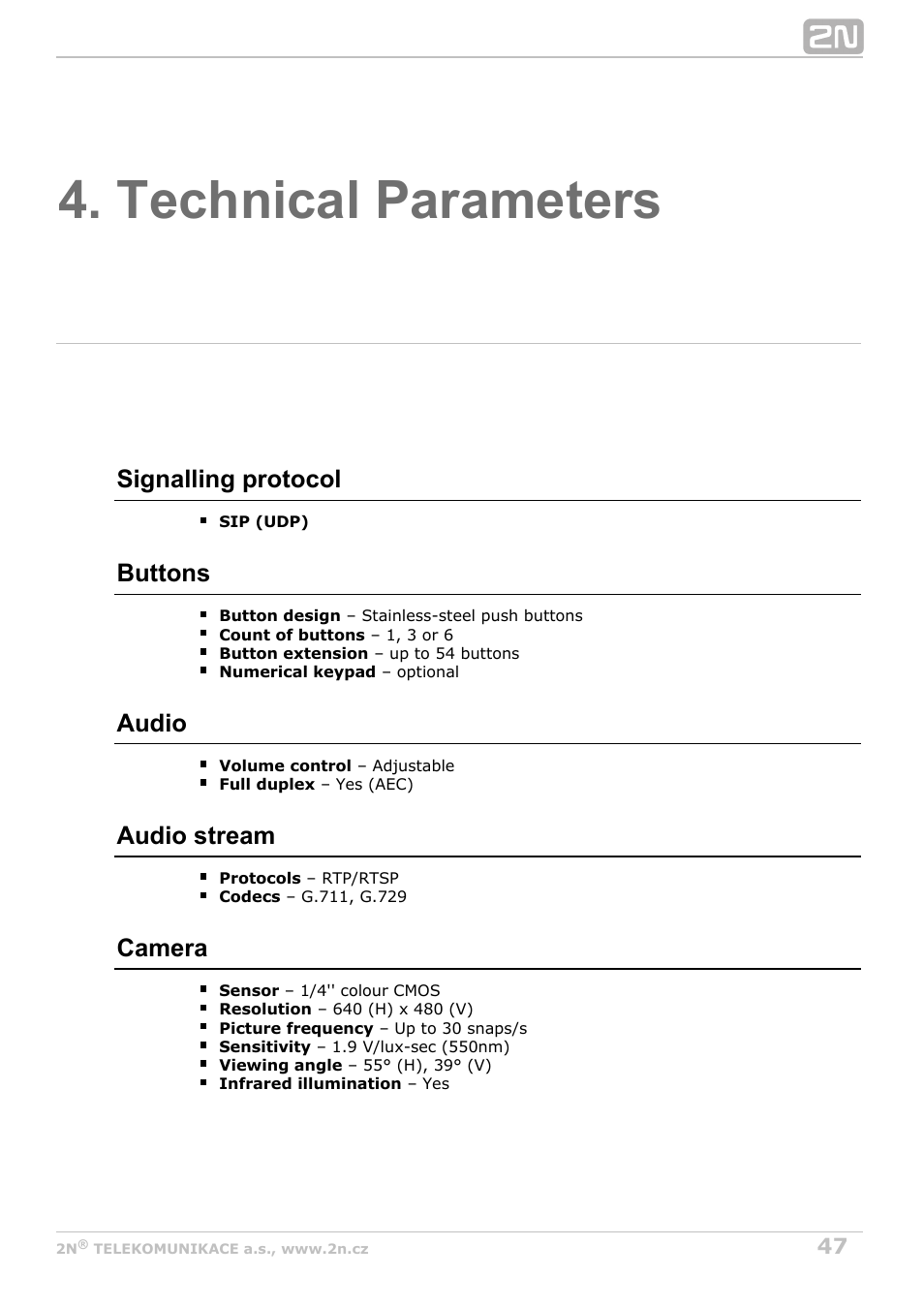 Technical parameters | 2N Helios IP Vario User Manual | Page 47 / 55