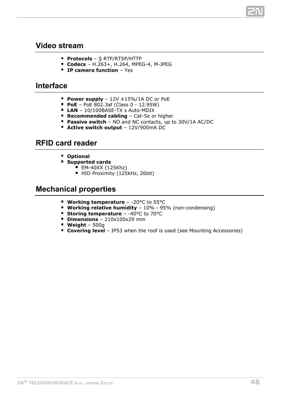 Video stream, Interface, Rfid card reader | Mechanical properties | 2N Helios IP Vario User Manual | Page 48 / 55