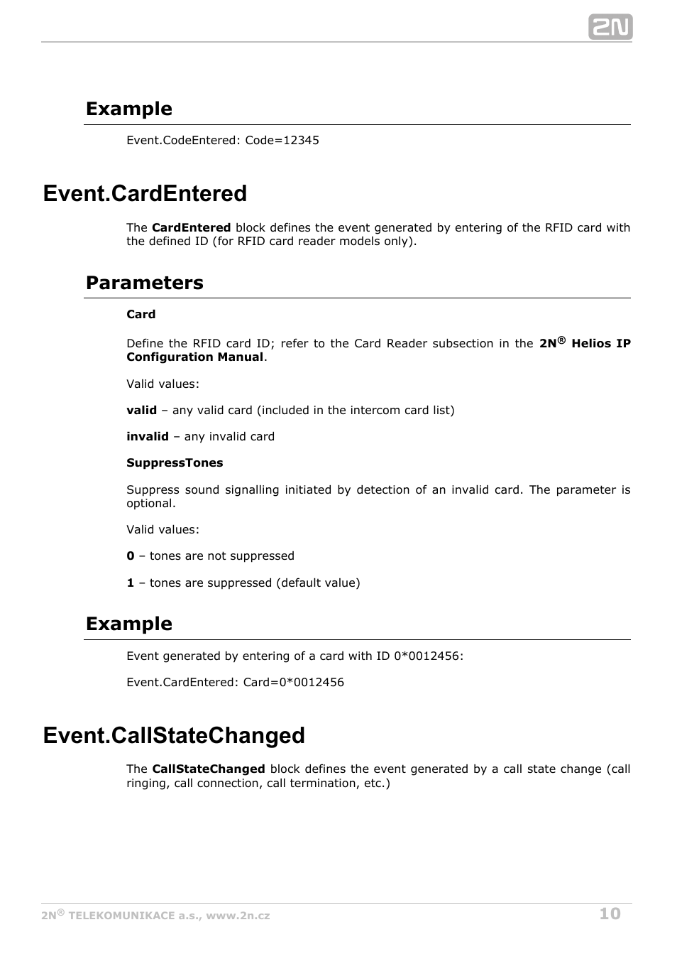 Event.cardentered, Event.callstatechanged, Example | Parameters | 2N Helios IP Automation v2.5 User Manual | Page 10 / 33