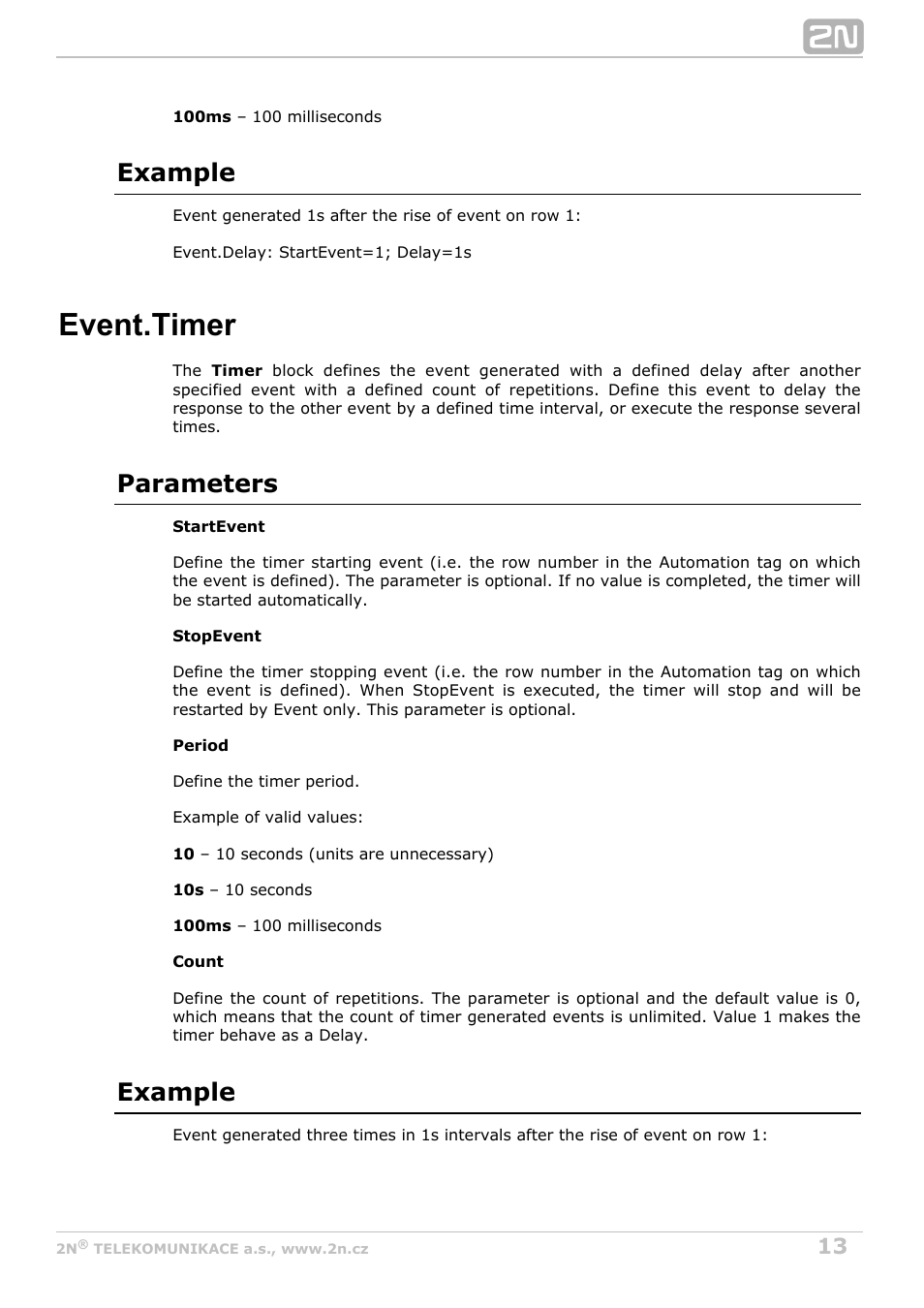 Event.timer, Example, Parameters | 2N Helios IP Automation v2.5 User Manual | Page 13 / 33