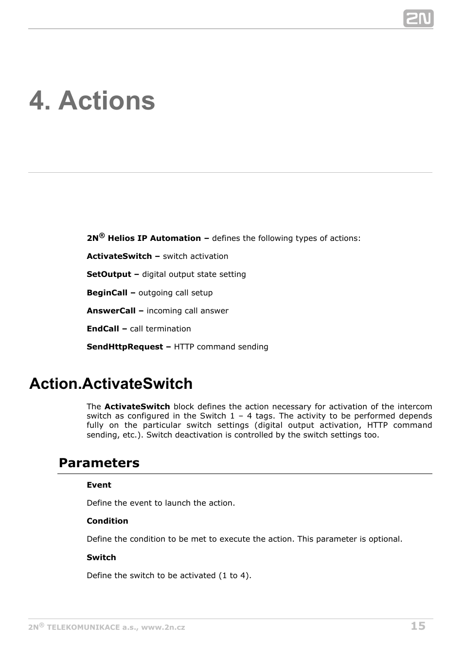 Actions, Action.activateswitch, Parameters | 2N Helios IP Automation v2.5 User Manual | Page 15 / 33