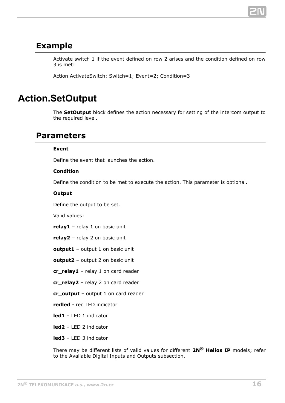 Action.setoutput, Example, Parameters | 2N Helios IP Automation v2.5 User Manual | Page 16 / 33