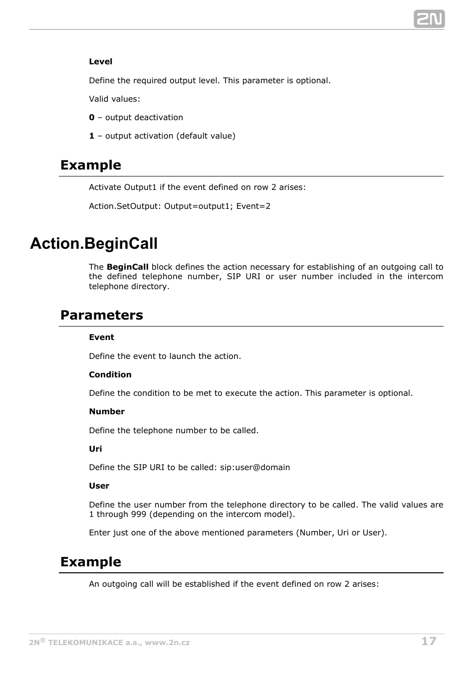 Action.begincall, Example, Parameters | 2N Helios IP Automation v2.5 User Manual | Page 17 / 33