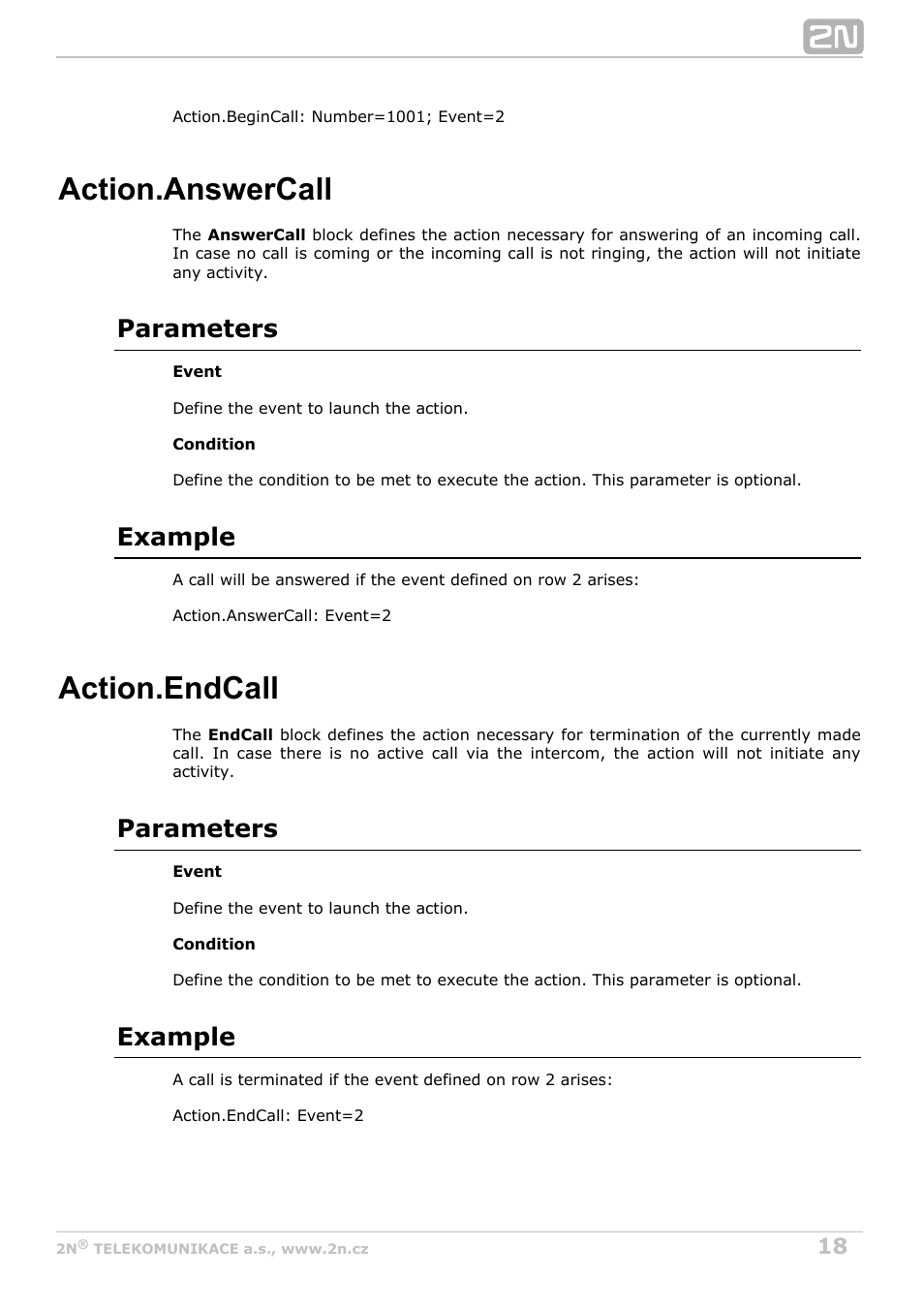 Action.answercall, Action.endcall, Parameters | Example | 2N Helios IP Automation v2.5 User Manual | Page 18 / 33