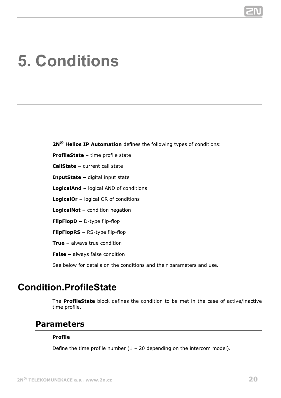 Conditions, Condition.profilestate, Parameters | 2N Helios IP Automation v2.5 User Manual | Page 20 / 33