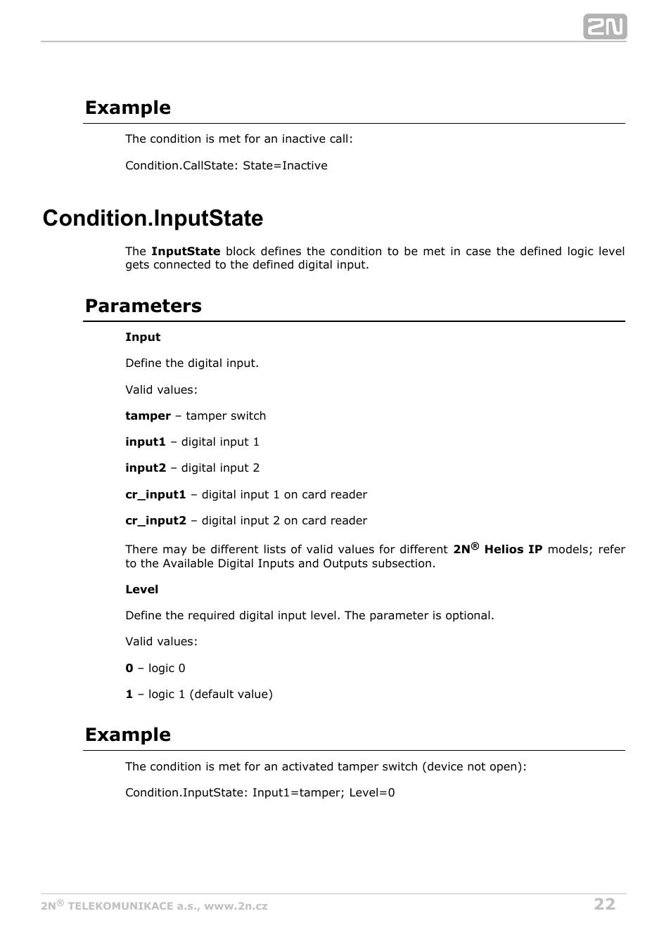 Condition.inputstate, Example, Parameters | 2N Helios IP Automation v2.5 User Manual | Page 22 / 33