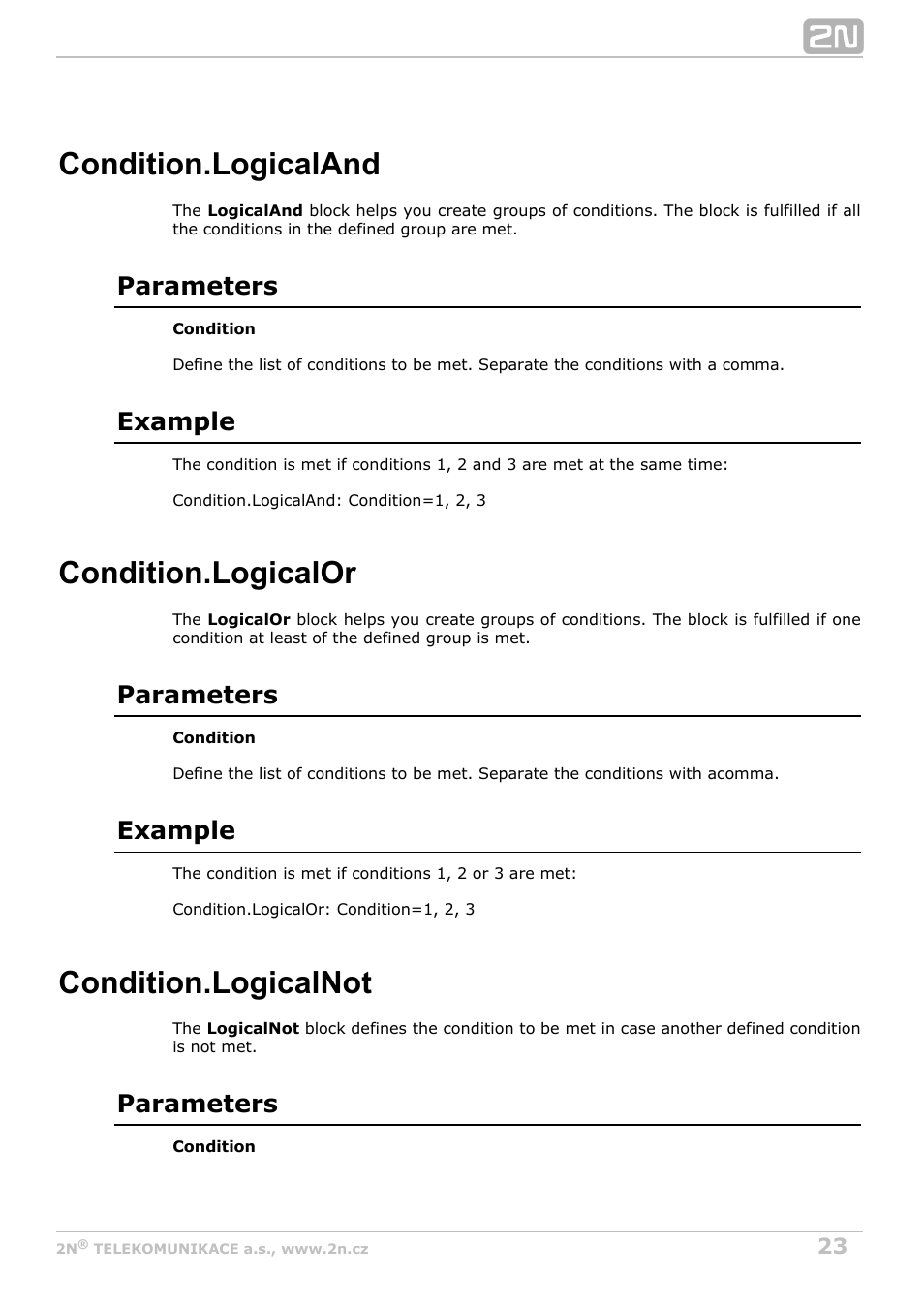 Condition.logicaland, Condition.logicalor, Condition.logicalnot | Parameters, Example | 2N Helios IP Automation v2.5 User Manual | Page 23 / 33