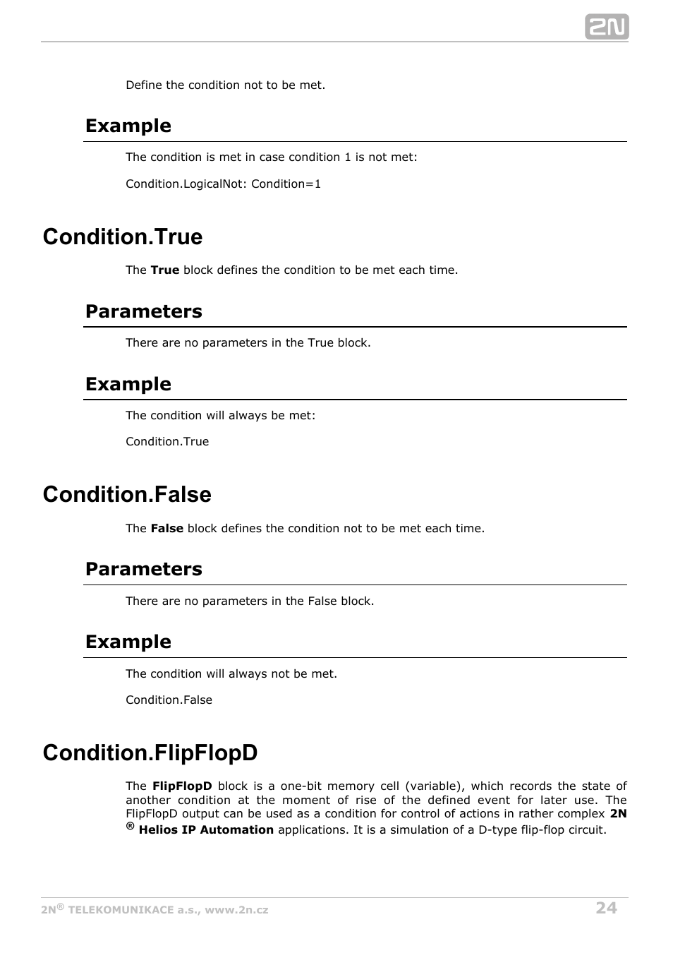 Condition.true, Condition.false, Condition.flipflopd | Example, Parameters | 2N Helios IP Automation v2.5 User Manual | Page 24 / 33
