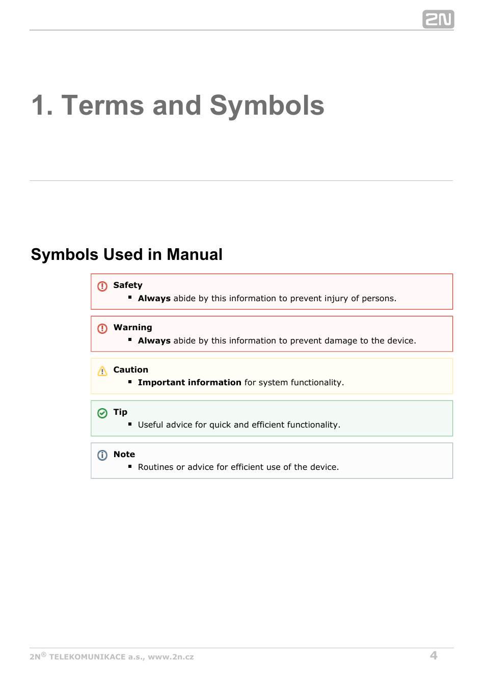 Terms and symbols, Symbols used in manual | 2N Helios IP Automation v2.5 User Manual | Page 4 / 33
